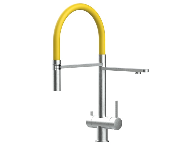 NIEDERDRUCK 3 Wege Wasserhahn Küchenarmatur, Edelstahl Massiv mit 360° schwenkbarem Auslauf, abnehmbare 2 strahl Handbrause, Gebürstet / Gelb