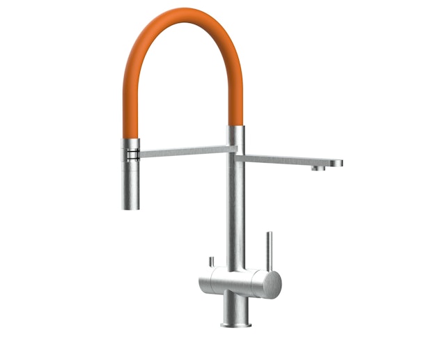 NIEDERDRUCK 3 Wege Wasserhahn Küchenarmatur, Edelstahl Massiv mit 360° schwenkbarem Auslauf, abnehmbare 2 strahl Handbrause, Gebürstet / Orange
