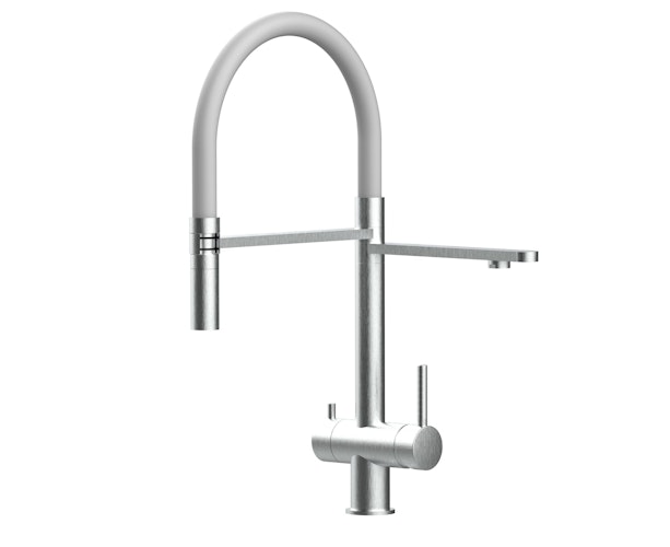NIEDERDRUCK 3 Wege Wasserhahn Küchenarmatur, Edelstahl Massiv mit 360° schwenkbarem Auslauf, abnehmbare 2 strahl Handbrause, Gebürstet / Grau
