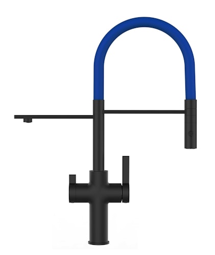 NIEDERDRUCK 3 Wege Wasserhahn Küchenarmatur, FC, mit 360° schwenkbarem Auslauf, abnehmbare 2 strahl Handbrause, Schwarz Matt / Blau