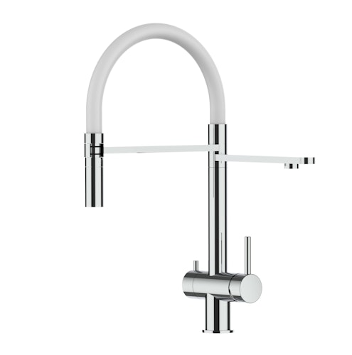 Kurzversion 45CM - 3 Wege Wasserhahn Küchenarmatur, Edelstahl Massiv mit 360° schwenkbarem Auslauf, abnehmbare 2 strahl Handbrause, Hochglanz / Weiß