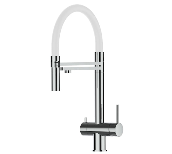 Kurzversion 45CM - 3 Wege Wasserhahn Küchenarmatur, Edelstahl Massiv mit 360° schwenkbarem Auslauf, abnehmbare 2 strahl Handbrause, Hochglanz / Weiß