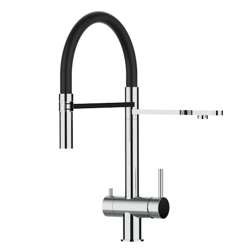 Kurzversion 45CM - 3 Wege Wasserhahn Küchenarmatur, Edelstahl Massiv mit 360° schwenkbarem Auslauf, abnehmbare 2 strahl Handbrause, Hochglanz / Schwarz