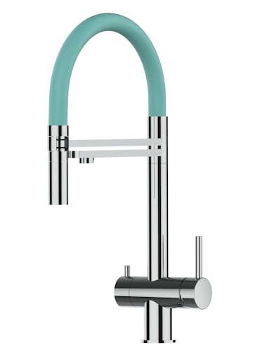 Kurzversion 45CM - 3 Wege Wasserhahn Küchenarmatur, Edelstahl Massiv mit 360° schwenkbarem Auslauf, abnehmbare 2 strahl Handbrause, Hochglanz / Türkis