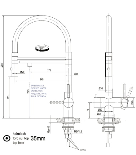 Kurzversion 45CM - 3 Wege Wasserhahn Küchenarmatur, Edelstahl Massiv mit 360° schwenkbarem Auslauf, abnehmbare 2 strahl Handbrause, Gebürstet / Gelb