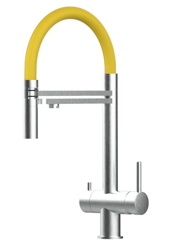 Kurzversion 45CM - 3 Wege Wasserhahn Küchenarmatur, Edelstahl Massiv mit 360° schwenkbarem Auslauf, abnehmbare 2 strahl Handbrause, Gebürstet / Gelb