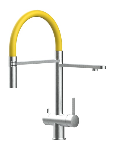 Kurzversion 45CM - 3 Wege Wasserhahn Küchenarmatur, Edelstahl Massiv mit 360° schwenkbarem Auslauf, abnehmbare 2 strahl Handbrause, Gebürstet / Gelb