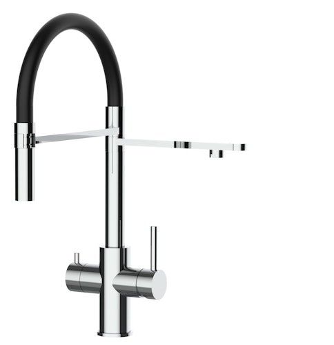 Kurzversion 47 cm - 5 Wege Wasserhahn Küchenarmatur, Edelstahl Massiv mit 360° schwenkbarem Auslauf, abnehmbare 2 strahl Handbrause, Hochglanz / Schwarz