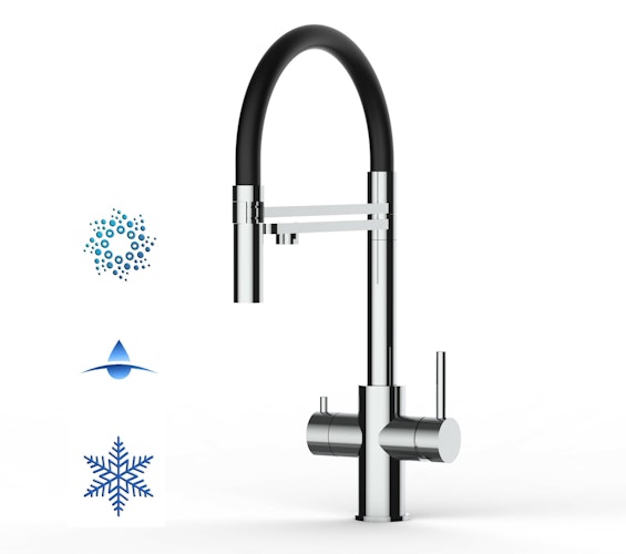 Kurzversion 47 cm - 5 Wege Wasserhahn Küchenarmatur, Edelstahl Massiv mit 360° schwenkbarem Auslauf, abnehmbare 2 strahl Handbrause, Hochglanz / Schwarz
