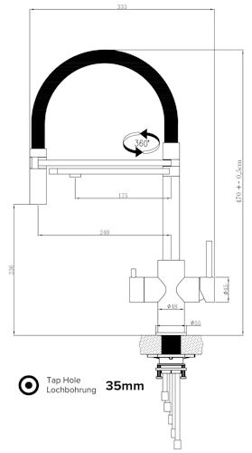 Kurzversion 47 cm - 5 Wege Wasserhahn Küchenarmatur, Edelstahl Massiv mit 360° schwenkbarem Auslauf, abnehmbare 2 strahl Handbrause, Hochglanz / Gelb