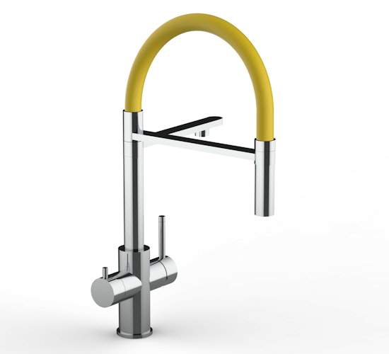 Kurzversion 47 cm - 5 Wege Wasserhahn Küchenarmatur, Edelstahl Massiv mit 360° schwenkbarem Auslauf, abnehmbare 2 strahl Handbrause, Hochglanz / Gelb