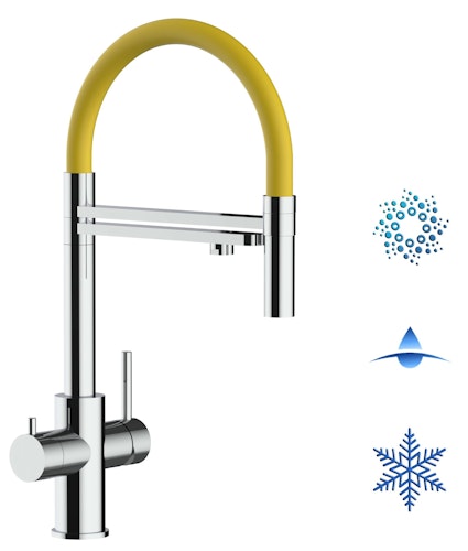 Kurzversion 47 cm - 5 Wege Wasserhahn Küchenarmatur, Edelstahl Massiv mit 360° schwenkbarem Auslauf, abnehmbare 2 strahl Handbrause, Hochglanz / Gelb