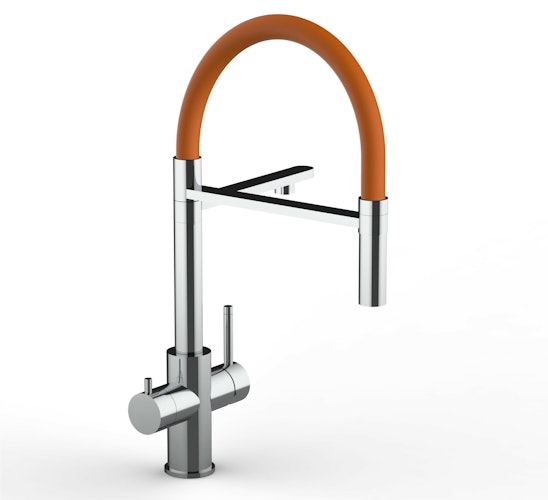 Kurzversion 47 cm - 5 Wege Wasserhahn Küchenarmatur, Edelstahl Massiv mit 360° schwenkbarem Auslauf, abnehmbare 2 strahl Handbrause, Hochglanz / Orange