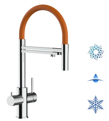 Kurzversion 47 cm - 5 Wege Wasserhahn Küchenarmatur, Edelstahl Massiv mit 360° schwenkbarem Auslauf, abnehmbare 2 strahl Handbrause, Hochglanz / Orange