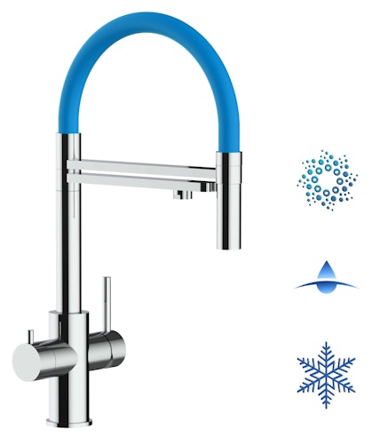 Kurzversion 47 cm - 5 Wege Wasserhahn Küchenarmatur, Edelstahl Massiv mit 360° schwenkbarem Auslauf, abnehmbare 2 strahl Handbrause, Hochglanz / Hellblau