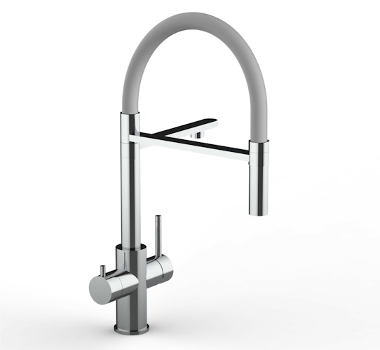 Kurzversion 47 cm - 5 Wege Wasserhahn Küchenarmatur, Edelstahl Massiv mit 360° schwenkbarem Auslauf, abnehmbare 2 strahl Handbrause, Hochglanz / Grau