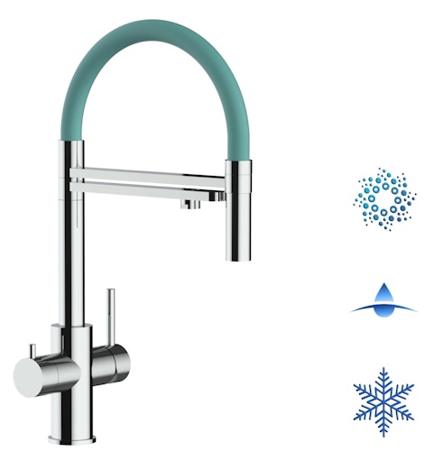Kurzversion 47 cm - 5 Wege Wasserhahn Küchenarmatur, Edelstahl Massiv mit 360° schwenkbarem Auslauf, abnehmbare 2 strahl Handbrause, Hochglanz / Turkis