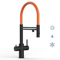5 Wege Wasserhahn Küchenarmatur, Edelstahl Massiv mit 360° schwenkbarem Auslauf, abnehmbare 2 strahl Handbrause, PVD Schwarz Matt / Orange