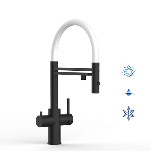 Kurzversion 47 cm - 5 Wege Wasserhahn Küchenarmatur, Edelstahl Massiv mit 360° schwenkbarem Auslauf, abnehmbare 2 strahl Handbrause, PVD Schwarz Matt / Weiß