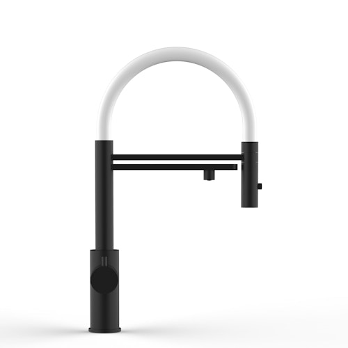 Kurzversion 47 cm - 5 Wege Wasserhahn Küchenarmatur, Edelstahl Massiv mit 360° schwenkbarem Auslauf, abnehmbare 2 strahl Handbrause, PVD Schwarz Matt / Weiß