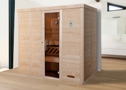 Weka Premium Massivholz-Elementsauna Kemi 5 mit Glastür - 45 mm inkl. 10-teiligem gratis Zubehörset (Gesamtwert 237,40 €)