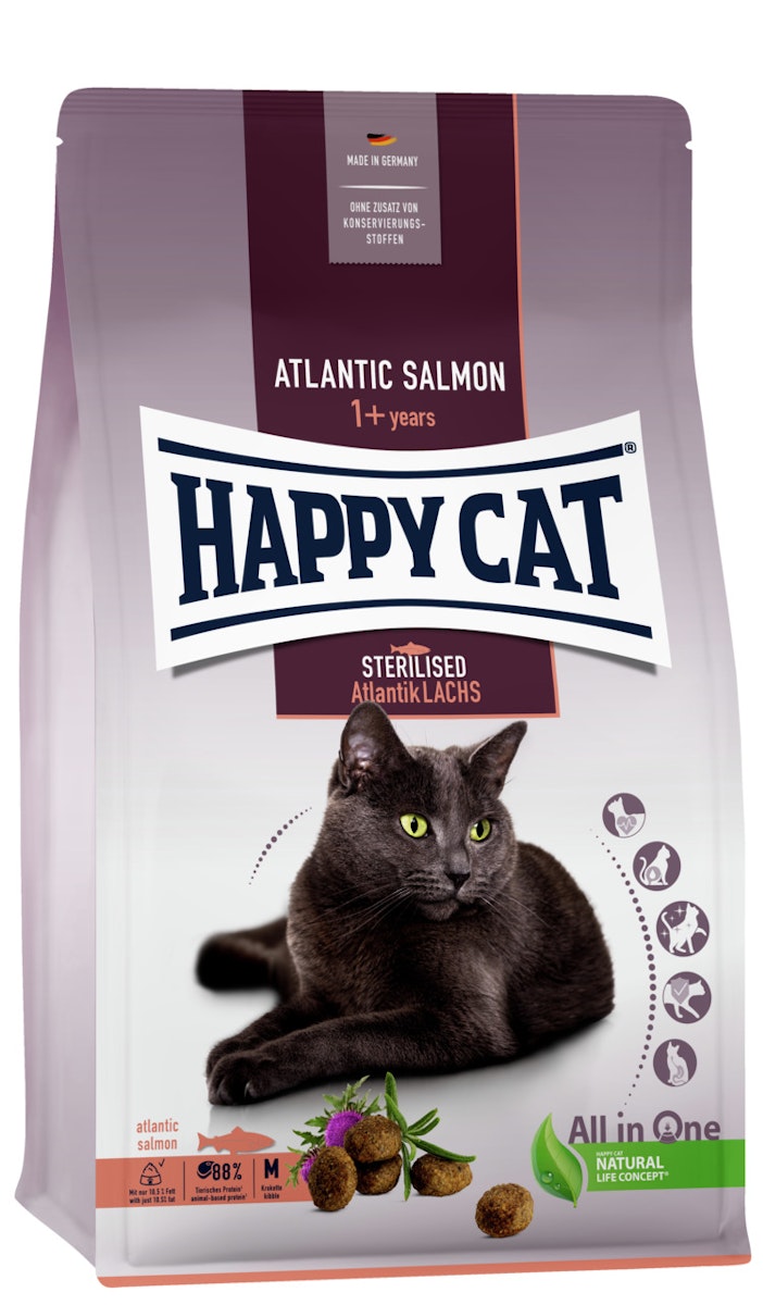HAPPY CAT Supreme Sterilised Adult Atlantik-Lachs Katzentrockenfutter Sparpaket 2 x 4 Kilogramm