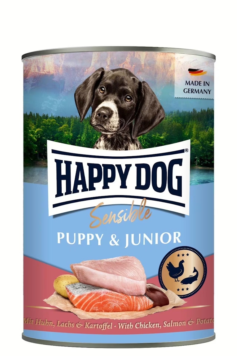 HAPPY DOG Sensible Pure 400g Hundenassfutter Sparpaket PUPPY  Huhn und Lachs mit Kartoffel 12 x 400g