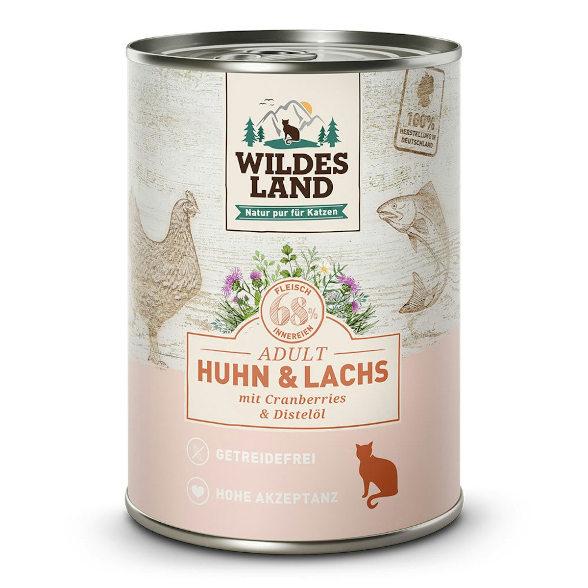 WILDES LAND Katze 12 x 400g Huhn und Lachs mit Distelöl