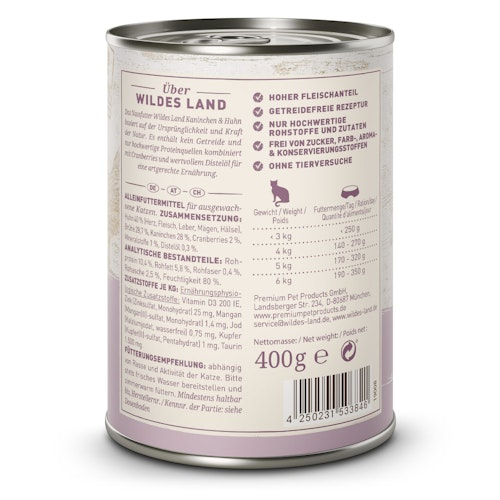 WILDES LAND Katze 400g Kaninchen und Huhn mit Distelöl