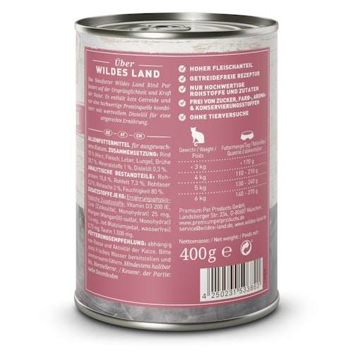 WILDES LAND Katze 400g Rind PUR mit Distelöl