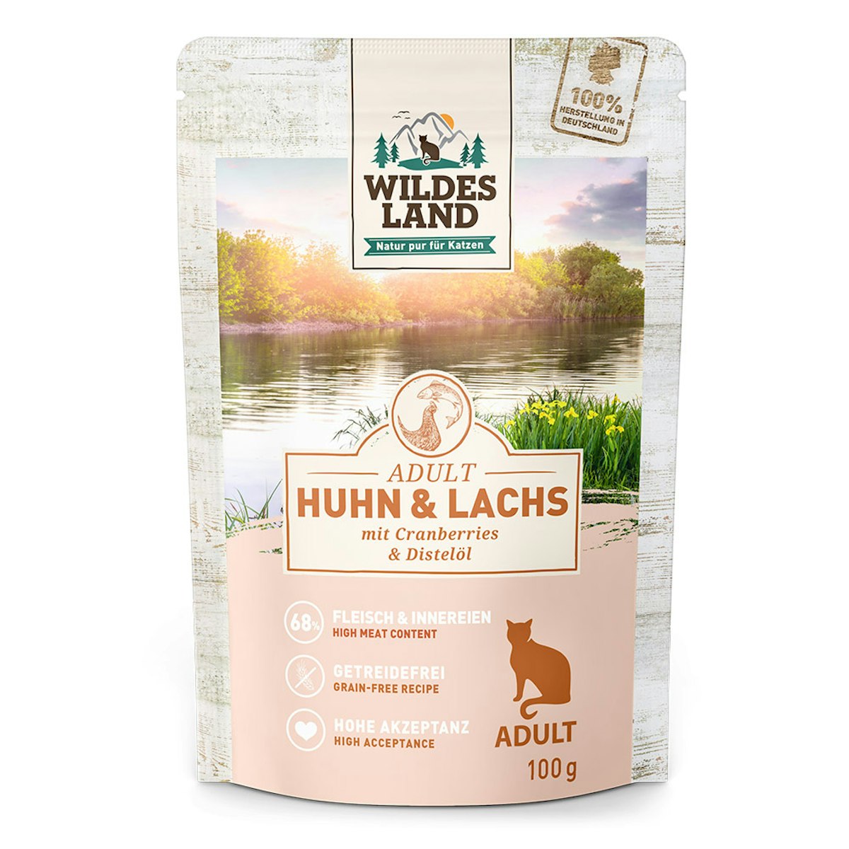 WILDES LAND Katze 24 x 100g Huhn und Lachs mit Distelöl