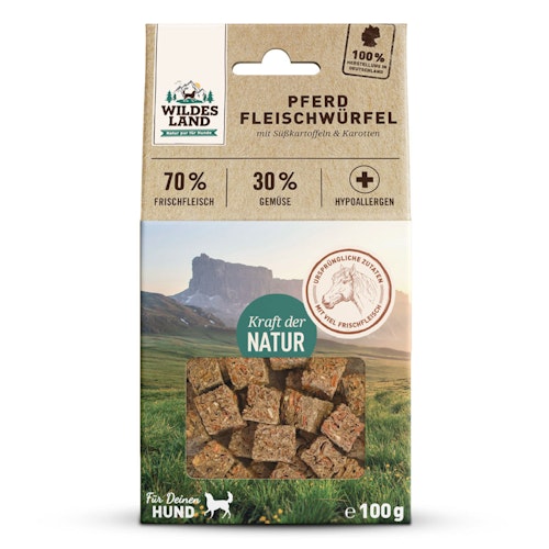 Wildes Land Fleischwürfel Pferd 100g Hunde Snack