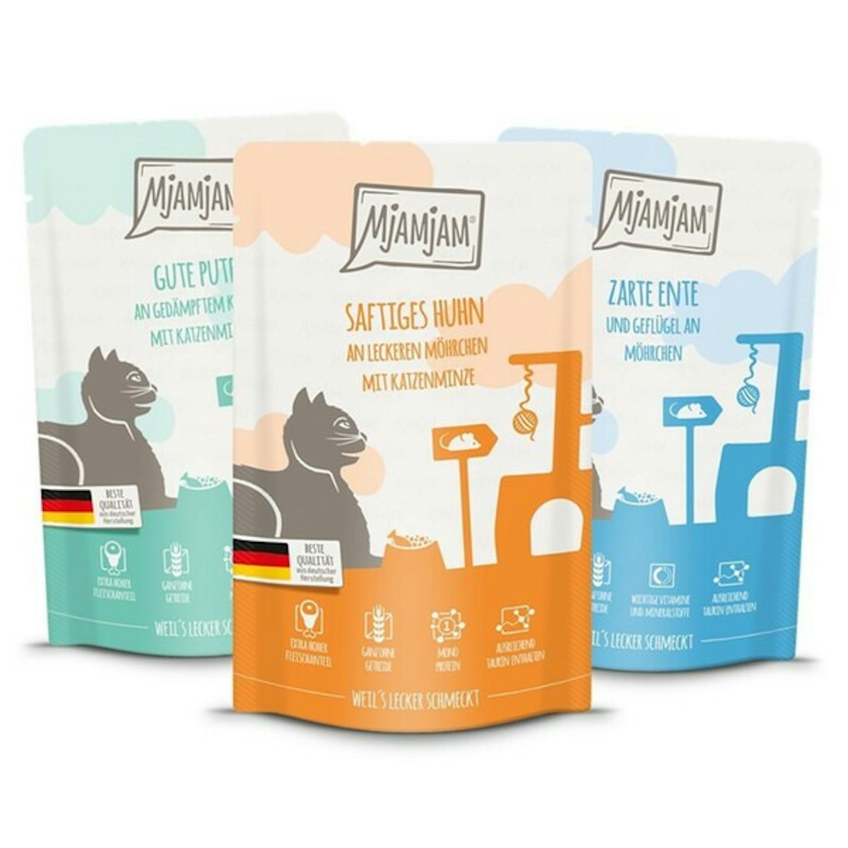 MJAMJAM Mixpaket 12 x 125 Gramm Katzennassfutter Mixpaket I mit Huhn, Rind und Herzen