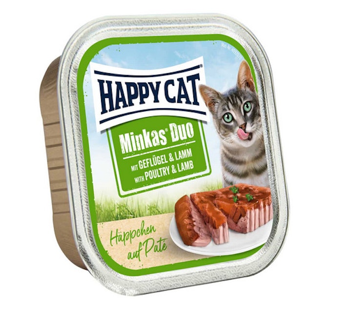 HAPPY CAT Minkas Duo Paté Häppchen auf Paté 100 Gramm Katzennassfutter Sparpaket 24 x 100 Gramm mit Geflügel & LammVorschaubild