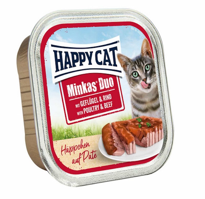 HAPPY CAT Minkas Duo Paté Häppchen auf Paté 100 Gramm Katzennassfutter Sparpaket 24 x 100 Gramm mit Geflügel & RindVorschaubild