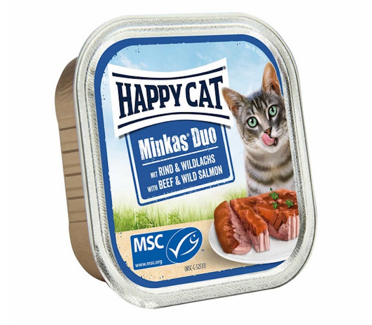 HAPPY CAT Minkas Duo Paté Häppchen auf Paté 100 Gramm Katzennassfutter 12 x 100 Gramm mit Rind & WildlachsVorschaubild