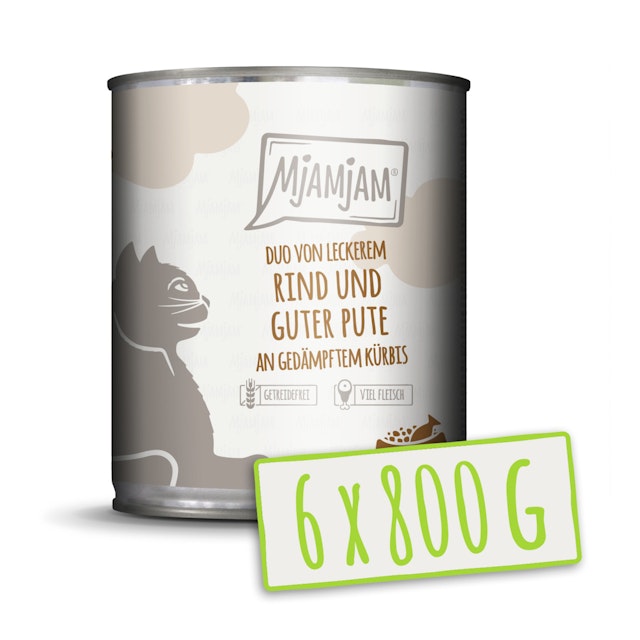 MJAMJAM DUO 800 Gramm Katzennassfutter 6 x 800 Gramm Rind & Pute mit KürbisVorschaubild