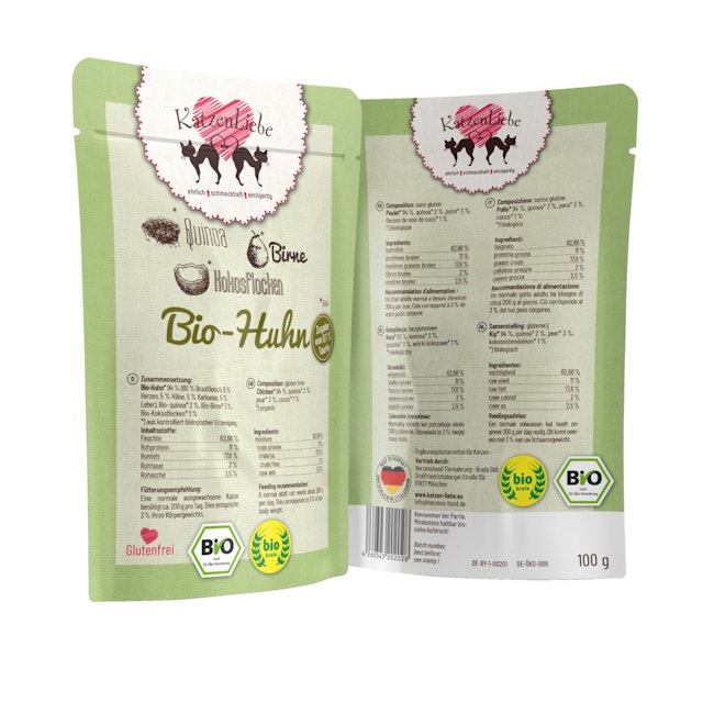 Katzenliebe 100 Gramm Katzennassfutter 15 x 100 Gramm Bio Huhn mit Bio Quinoa und Bio Birne Vorschaubild