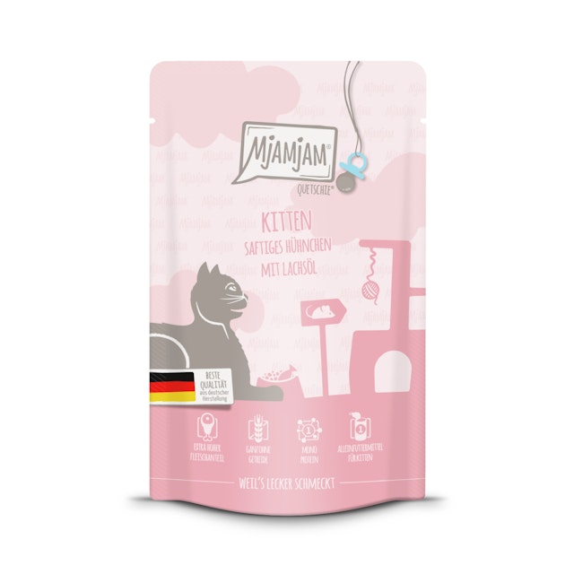 MJAMJAM Quetschies Kitten 125g Beutel Katzennassfutter 12 x 125 Gramm saftiges Huhn mit LachsölVorschaubild