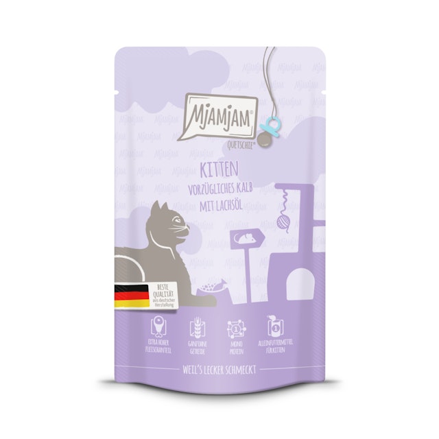 MJAMJAM Quetschies Kitten 125g Beutel Katzennassfutter 12 x 125 Gramm vorzügliches Kalb mit LachsölVorschaubild