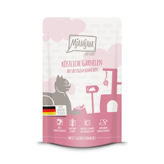 MJAMJAM Quetschies 125g Beutel Katzennassfutter 12 x 125 Gramm köstliche Garnelen an saftigem HühnchenVorschaubild