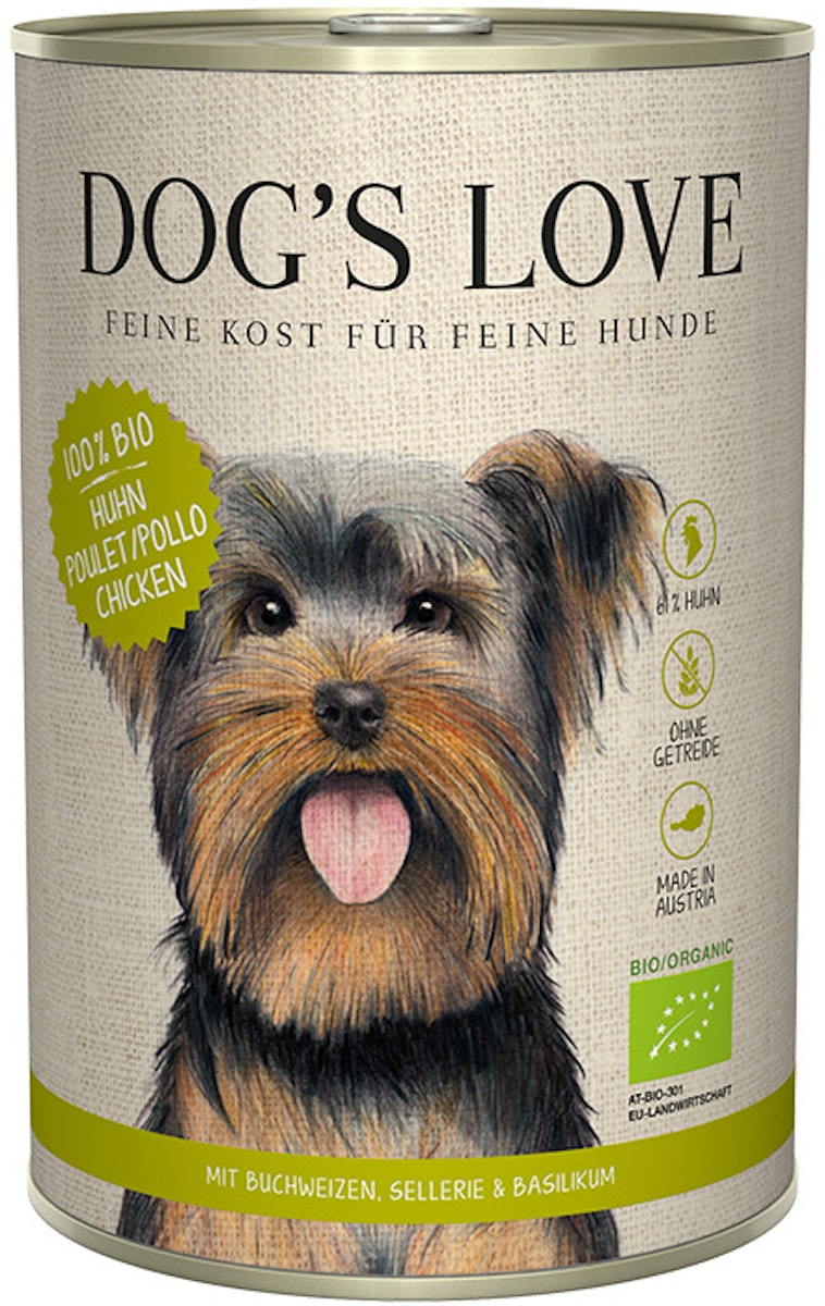 Dog’s Love Bio 400g Dose Hundenassfutter 6 x 400 Gramm Huhn mit Buchweizen, Sellerie & Basilikum